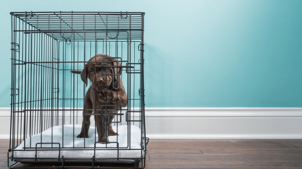 puppy in crate, blue